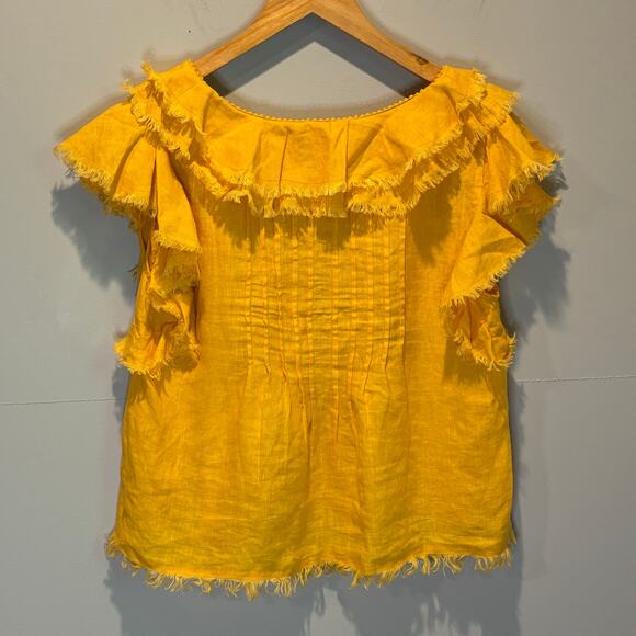 Faherty Yosepha Yellow Linen Fringe Short Sleeve Top - size Medium - Picture 3 of 7